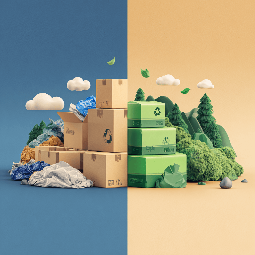 Illustrazione che confronta i rifiuti derivanti dal sovraimballaggio con un imballaggio sostenibile ed ecologico, mostrando a sinistra pile di cartone e plastica in eccesso e a destra scatole verdi riciclabili ordinate e alberi.