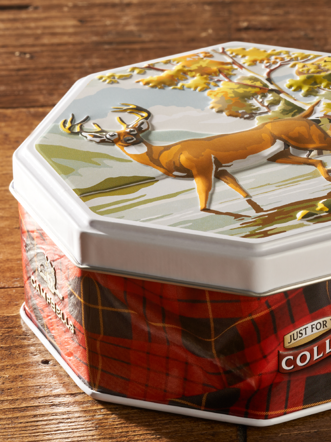 Una scatola in metallo personalizzata, con Embossing 3D sul coperchio rappresentante un cervo in una foresta.