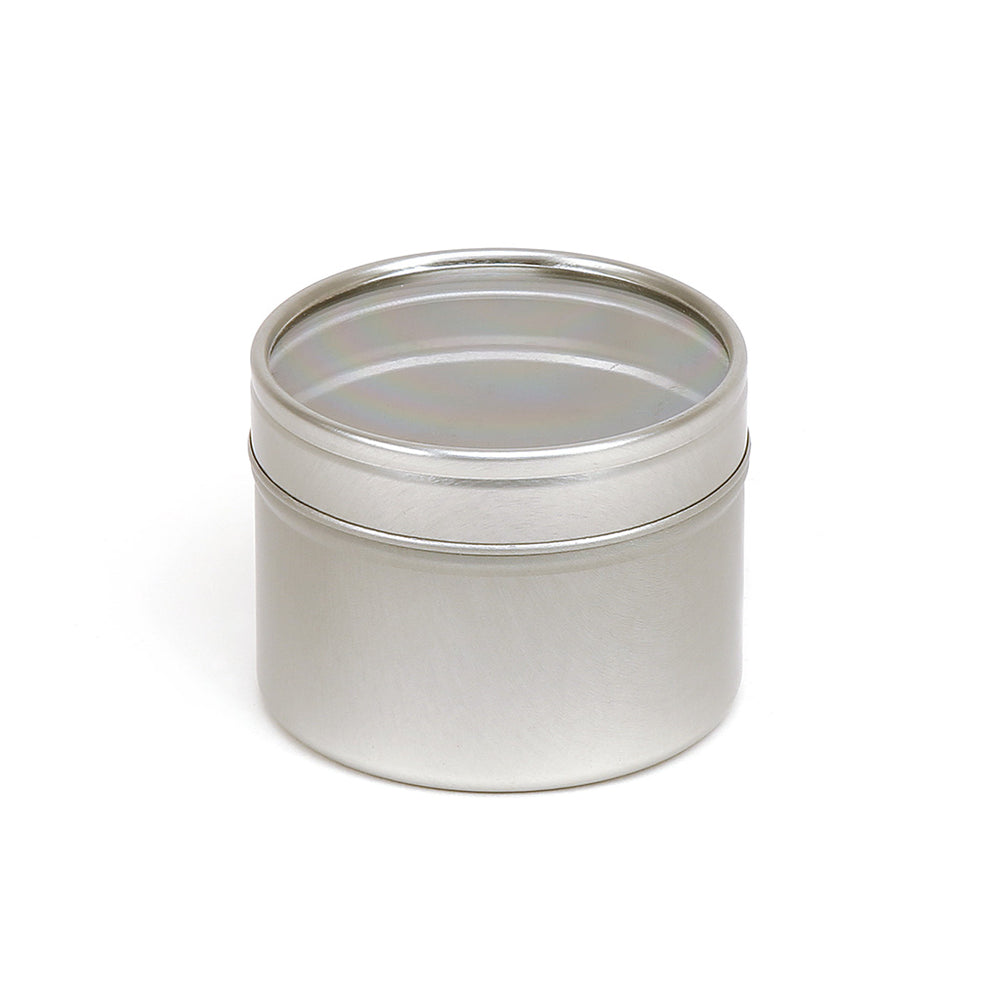 Barattoli rotondi in latta senza saldatura colore argento con coperchio scorrevole a finestra