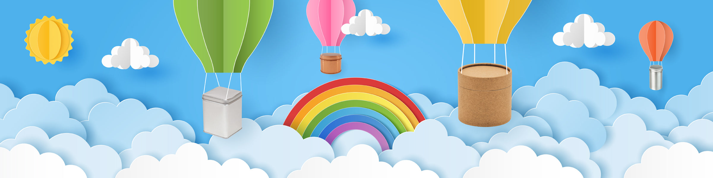 Imballaggio in metallo e cartone che viene consegnato galleggiando su un paracadute con uno sfondo di cielo blu e arcobaleno. 