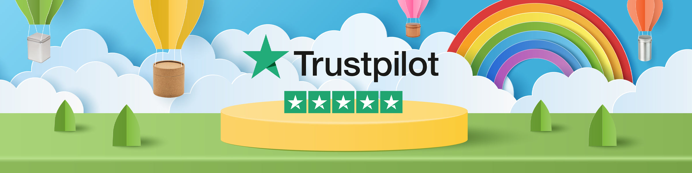 Logo cinque stelle Trustpilot circondato da barattoli e tubi in cartone, consegnati da una mongolfiera