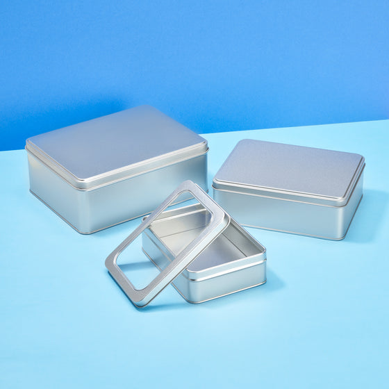 Scatola latta grande rettangolare argento con coperchio (con o senza finestra)