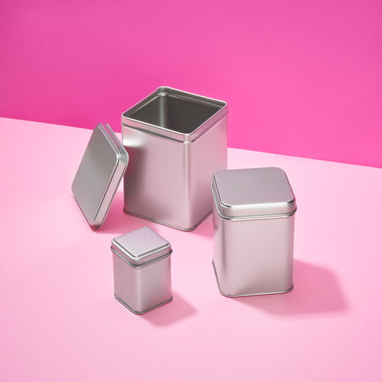 Packaging in latta quadrato color argento con coperchio scorrevole a gradino