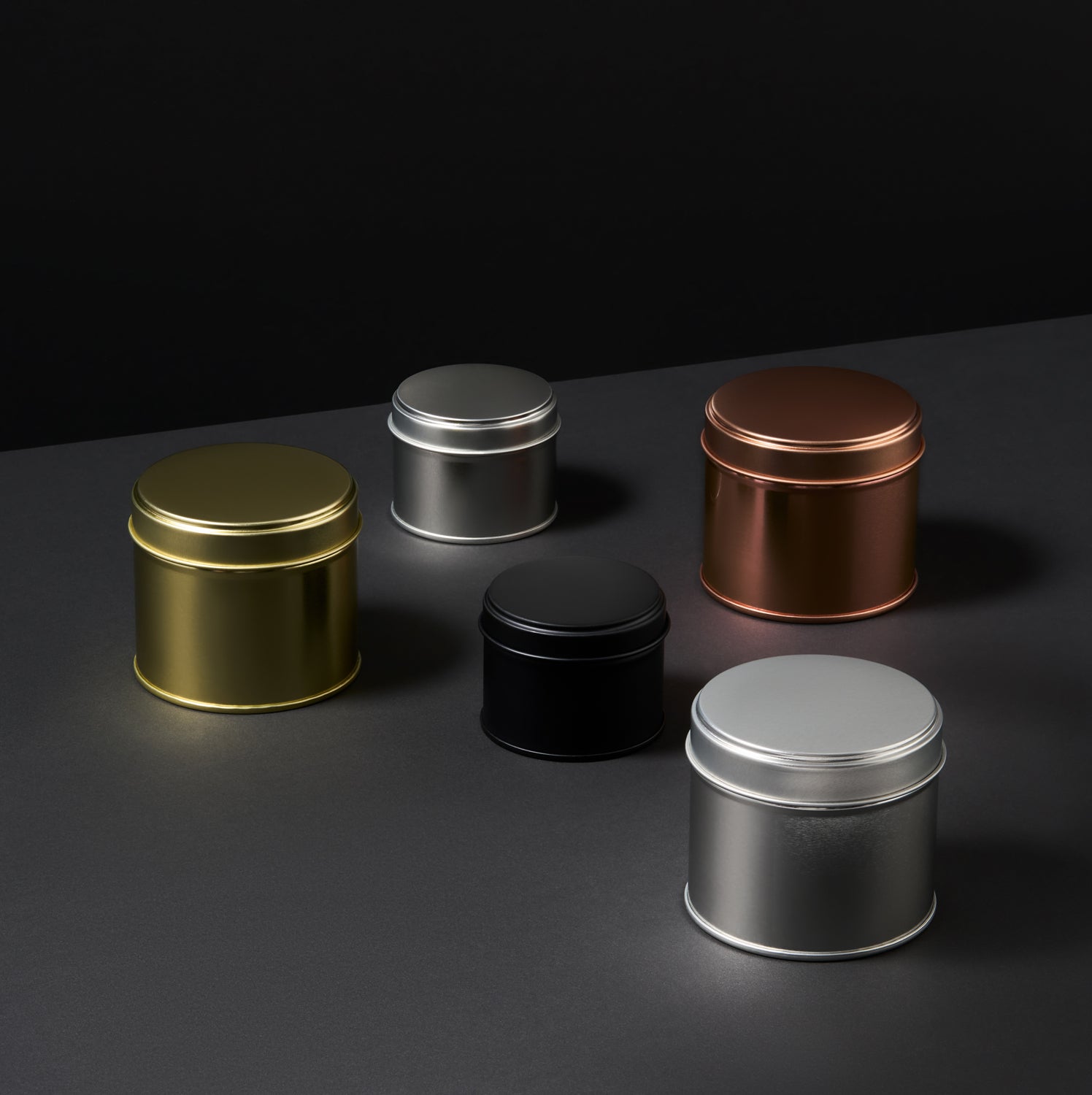 Collezione di barattoli con cucitura laterale saldata in nero, oro rosa, argento e oro