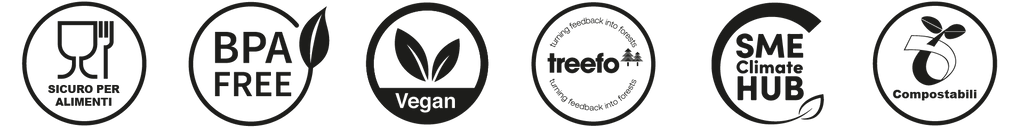 Icone che mostrano le certificazioni: sicuro per alimenti, senza BPA, vegan, programma di riforestazione Treefo, SME Climate Hub e materiale compostabile.