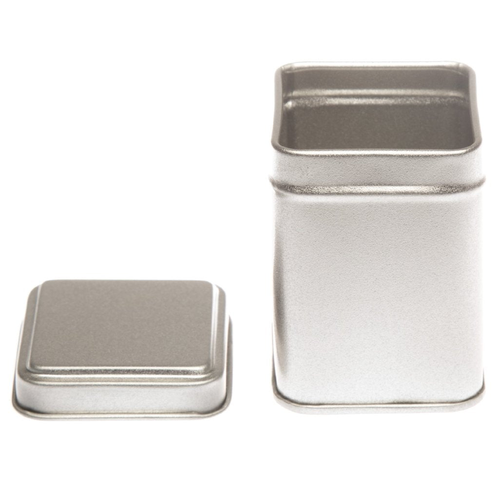 Contenitore per packaging in latta quadrato color argento con coperchio a gradino sollevabile