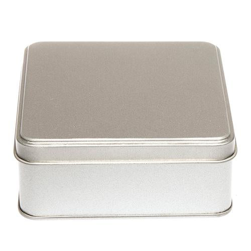 Contenitore in latta quadrato piatto color argento con coperchio a scorrimento