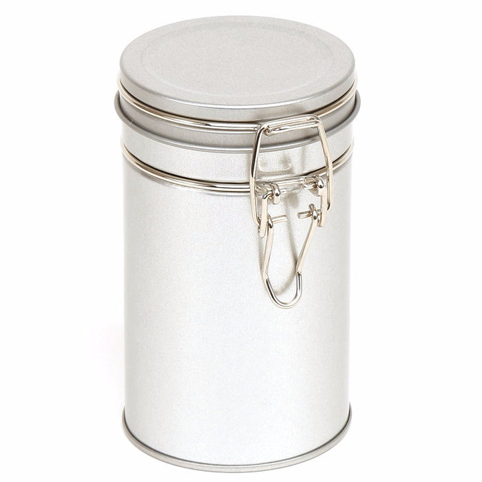 Contenitori in latta rotondi color argento con coperchio a clip